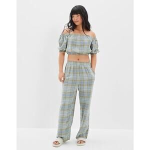 American Eagle Plaid Baggy Wide Leg Pants Green Blue Size S Elastic Waist Linen